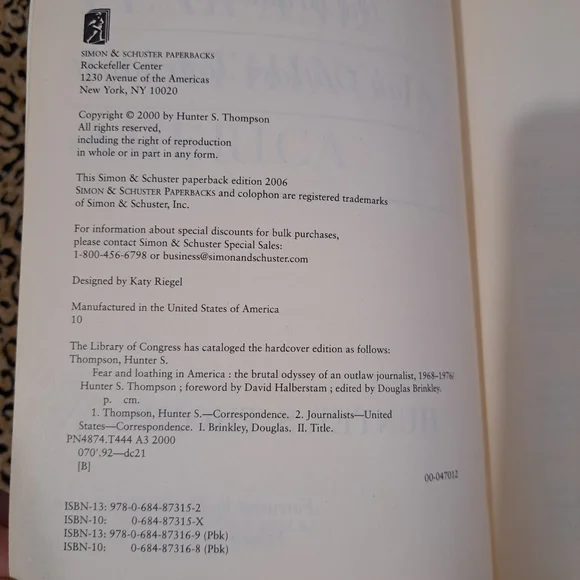 💥3/$25💥HUNTER S. THOMPSON-FEAR AND LOATHING IN AMERICA NOVEL - Picture 5 of 10